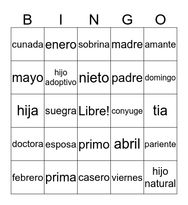 Vocabulary 2 Bingo Card