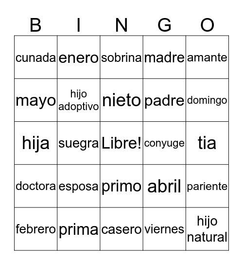 Vocabulary 2 Bingo Card