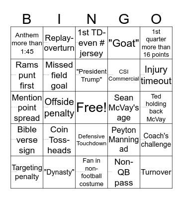 Fabstory Super Bowl Bingo Card