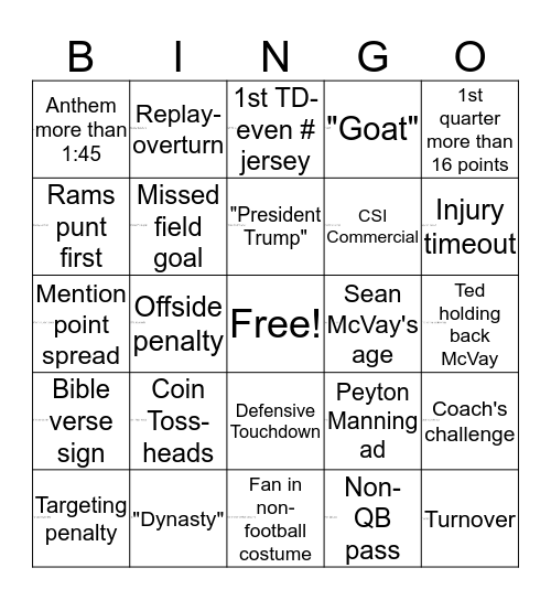 Fabstory Super Bowl Bingo Card