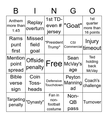 Fabstory Super Bowl Bingo Card