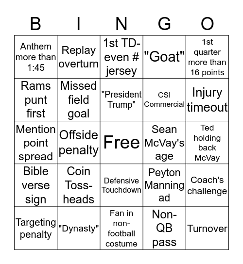 Fabstory Super Bowl Bingo Card