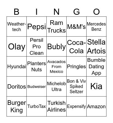 SUPERBOWL COMMERCIAL BINGO Card