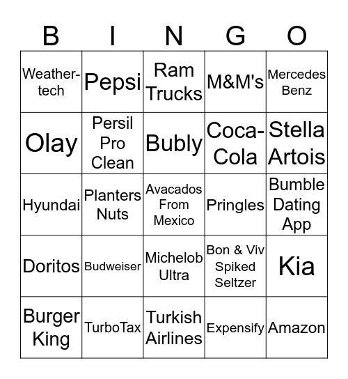 SUPERBOWL COMMERCIAL BINGO Card