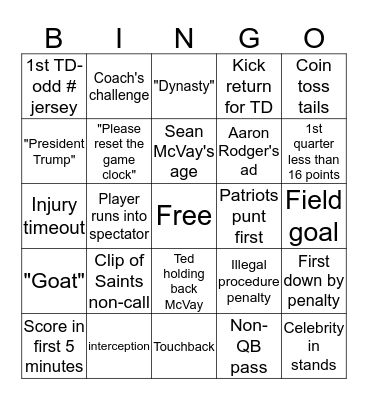 Fabstory Super Bowl Bingo Card