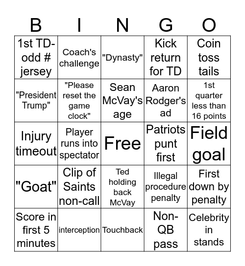 Fabstory Super Bowl Bingo Card