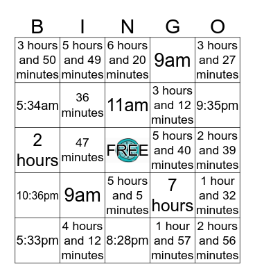 Elapsed Time Bingo Card