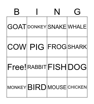 Animal Bingo Card