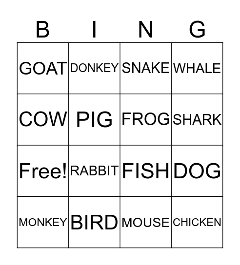 Animal Bingo Card