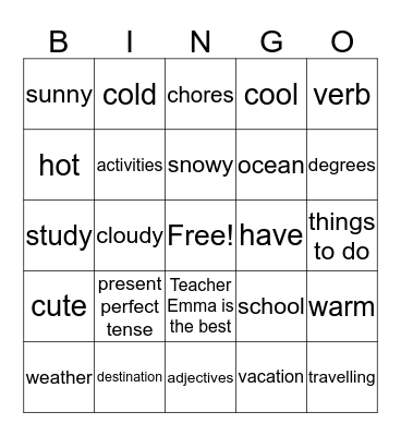 English Bingo Card