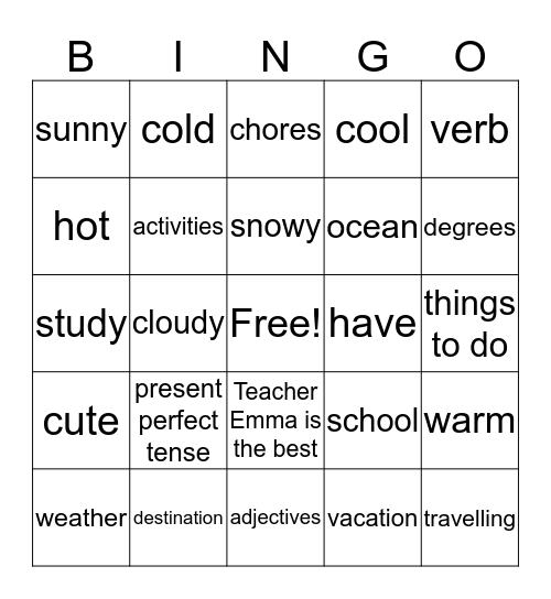English Bingo Card