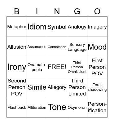 Important Lit Terms Bingo Card