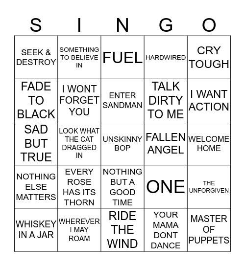 327 METALLICA VS POISON Bingo Card