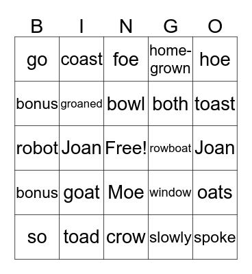 Long O Bingo Card