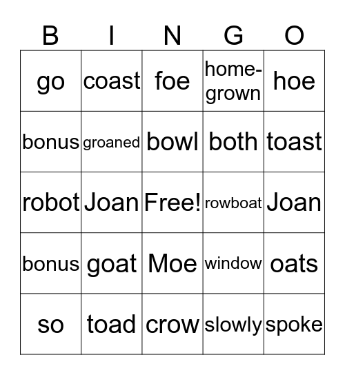 Long O Bingo Card