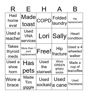 Rehab Reunion 2019 Bingo Card