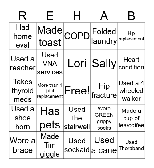 Rehab Reunion 2019 Bingo Card