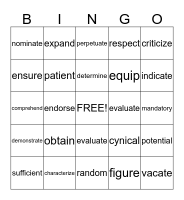 Vocabulary Review Bingo Card