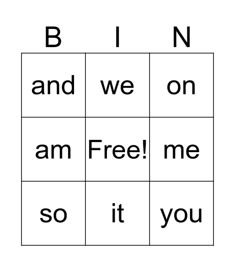 Sight Word Bingo Gp. A Bingo Card
