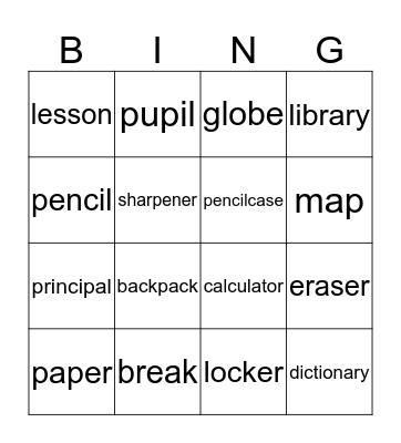 School Vocabulary Bingo Card