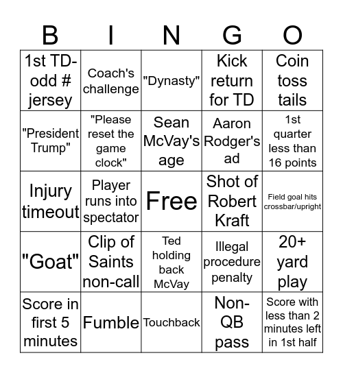 Fabstory Super Bowl Bingo Card