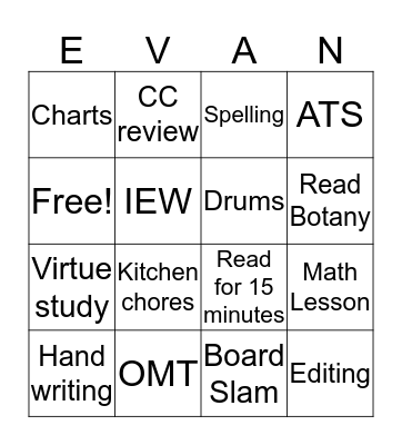 Evan's School Work Bingo Card