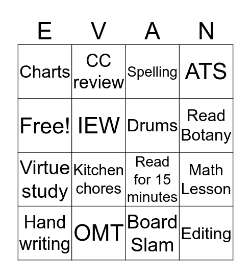 Evan's School Work Bingo Card