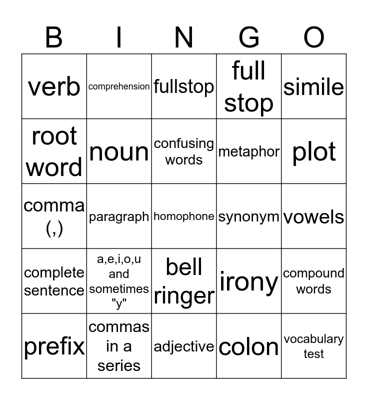 English Bingo Card