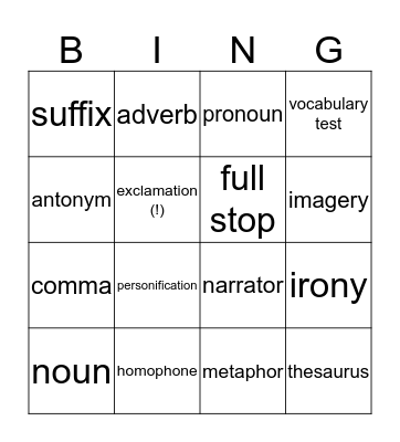 English  Bingo Card