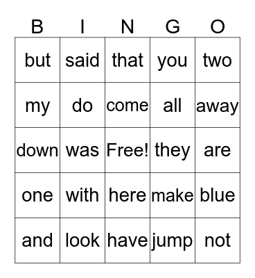 Sight Words Bingo Card