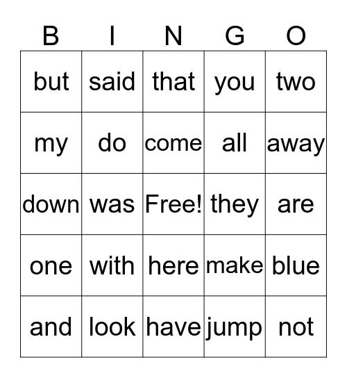 Sight Words Bingo Card