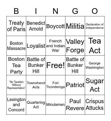 Revolutionary War Bingo Card