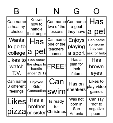 Kids'Connection  Bingo Card