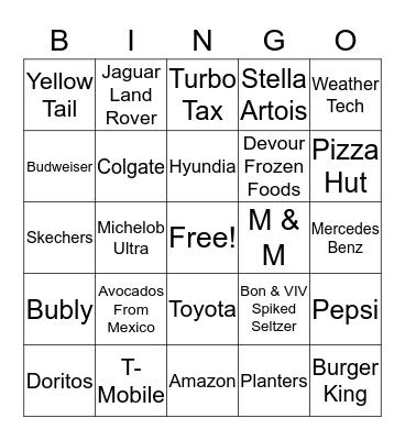 Superbowl LIII Commercials Bingo Card