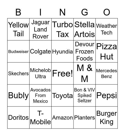 Superbowl LIII Commercials Bingo Card