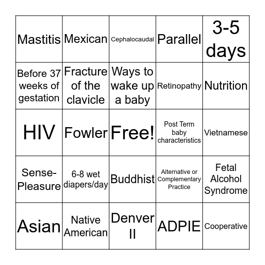 Midterm Review PEDS Bingo Card