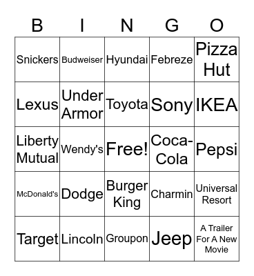 Superbowl Commercial Bingo Card