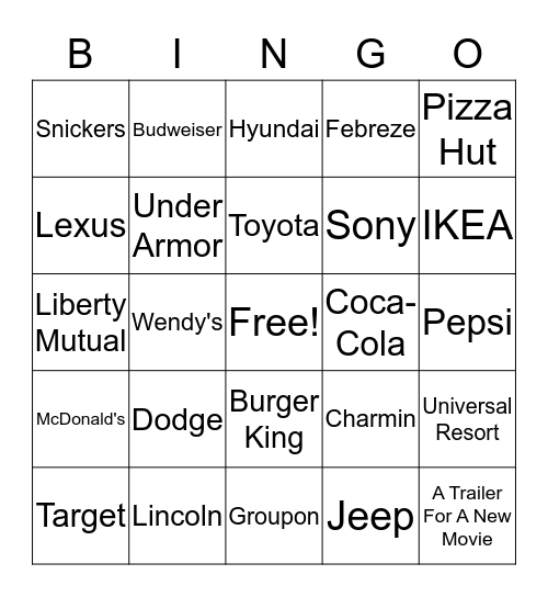 Superbowl Commercial Bingo Card