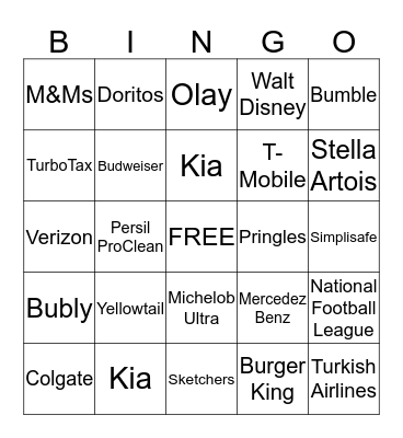 2019 Super Bowl Commercial Bingo Card