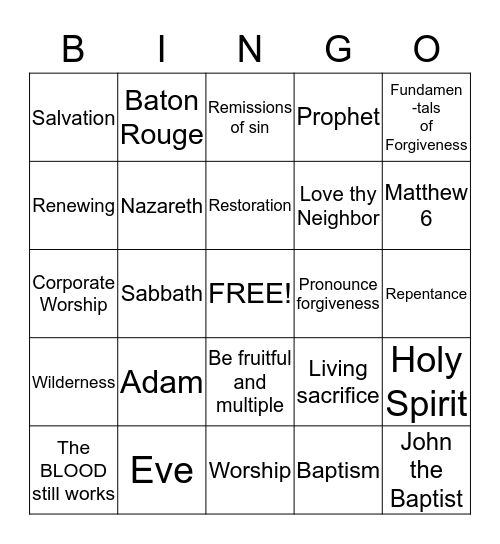 UBC BIBLE Bingo Card