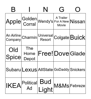 Superbowl Commercial Bingo Card