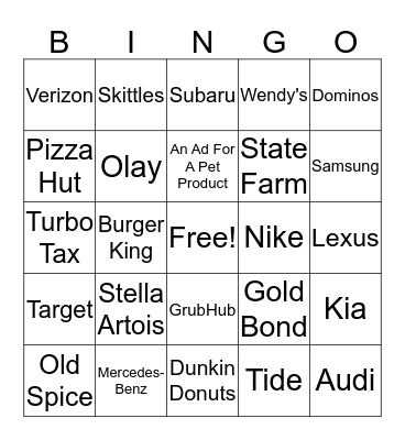 Superbowl Commercial Bingo Card