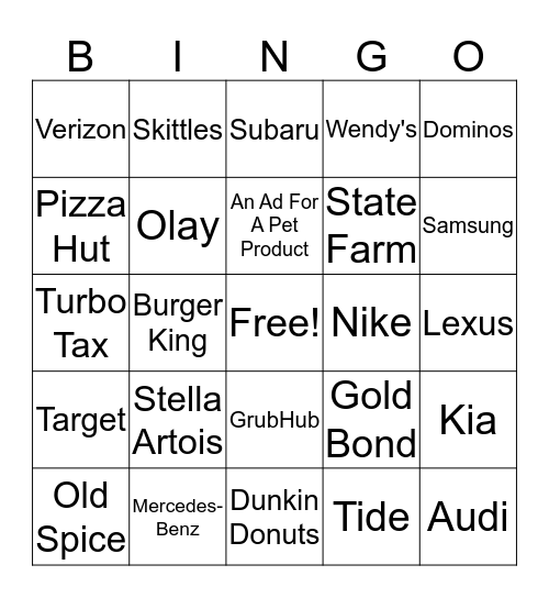 Superbowl Commercial Bingo Card