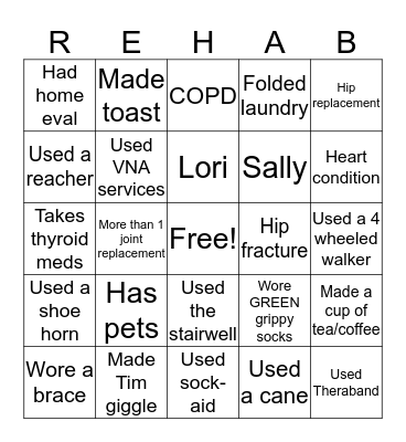 Rehab Reunion 2019 Bingo Card