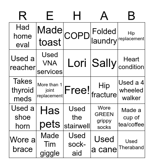 Rehab Reunion 2019 Bingo Card