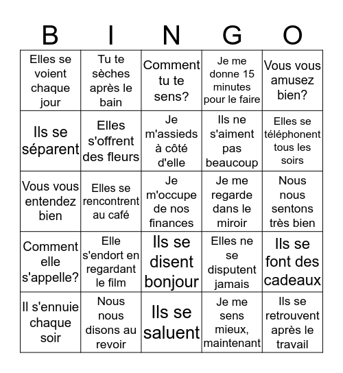 les verbes en "SE" - réfléchis/réciproques Bingo Card