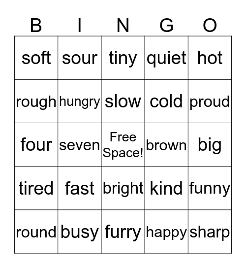 Adjective Bingo Card
