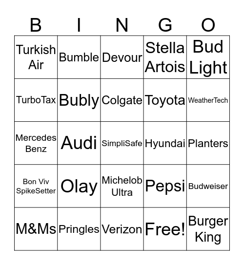 SB Commercials 2019 Bingo Card