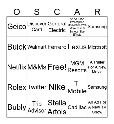 Oscars Advertisement Bingo Card