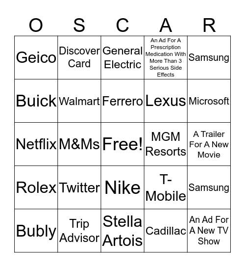 Oscars Advertisement Bingo Card